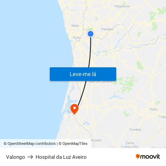Valongo to Hospital da Luz Aveiro map