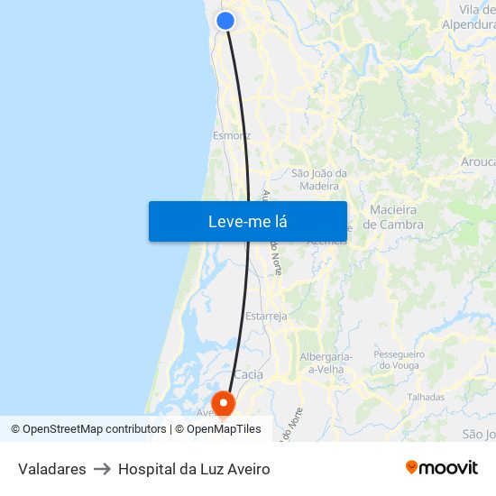 Valadares to Hospital da Luz Aveiro map