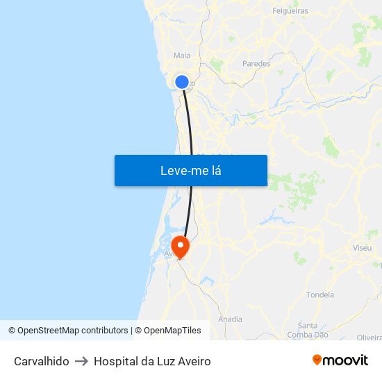 Carvalhido to Hospital da Luz Aveiro map
