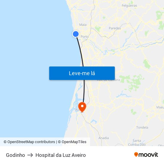 Godinho to Hospital da Luz Aveiro map