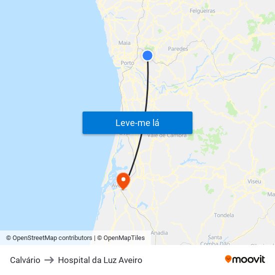 Calvário to Hospital da Luz Aveiro map