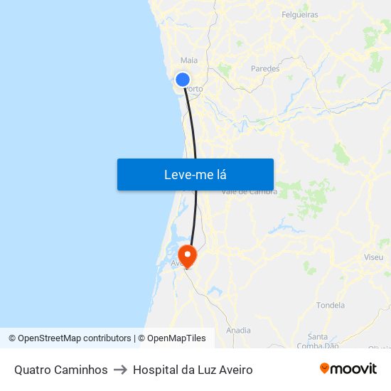 Quatro Caminhos to Hospital da Luz Aveiro map