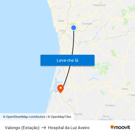 Valongo (Estação) to Hospital da Luz Aveiro map