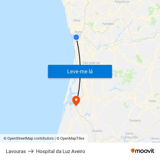 Lavouras to Hospital da Luz Aveiro map
