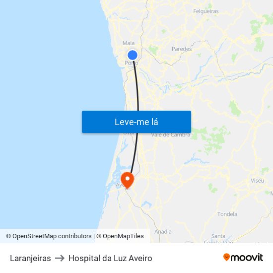 Laranjeiras to Hospital da Luz Aveiro map