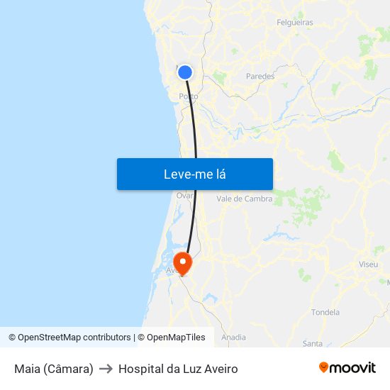 Maia (Câmara) to Hospital da Luz Aveiro map