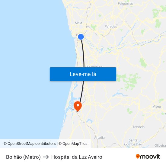 Bolhão (Metro) to Hospital da Luz Aveiro map