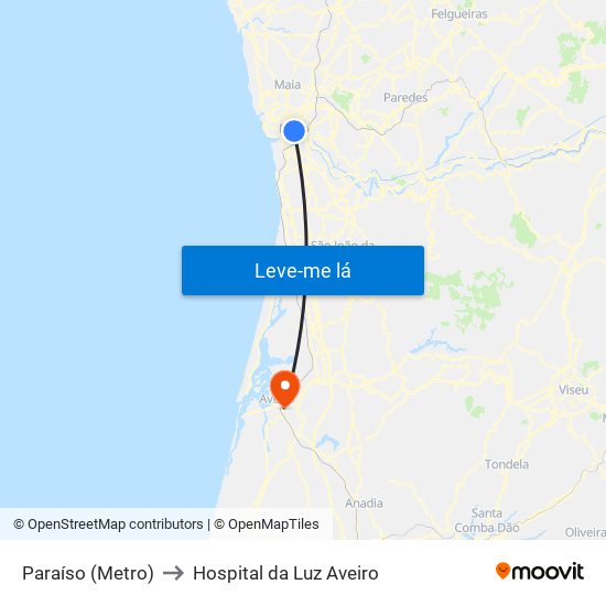 Paraíso (Metro) to Hospital da Luz Aveiro map