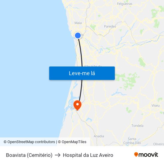 Boavista (Cemitério) to Hospital da Luz Aveiro map