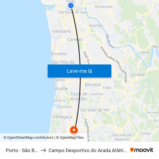 Porto - São Bento to Campo Desportivo do Arada Atlético Clube map