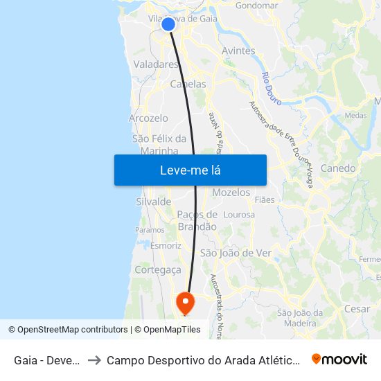 Gaia - Devesas to Campo Desportivo do Arada Atlético Clube map