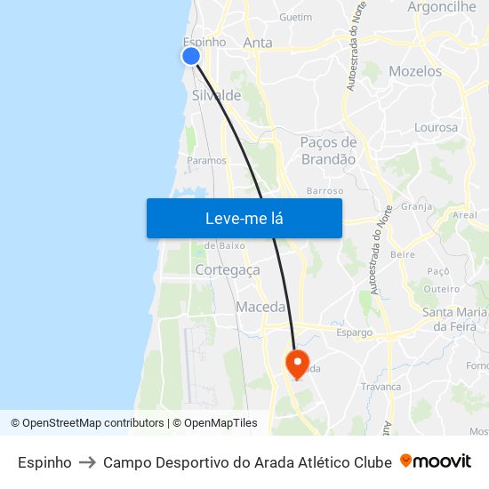 Espinho to Campo Desportivo do Arada Atlético Clube map