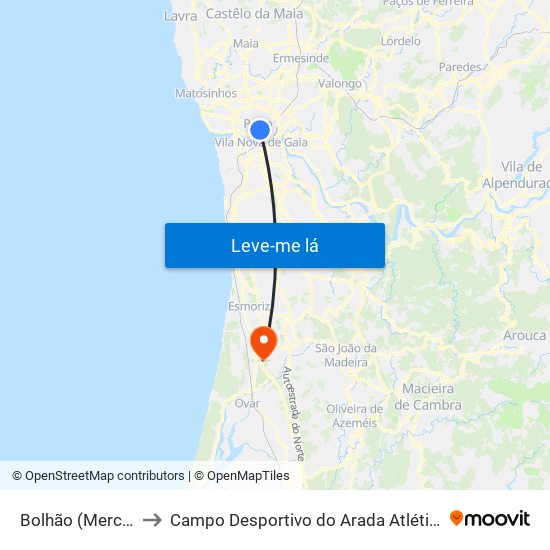 Bolhão (Mercado) to Campo Desportivo do Arada Atlético Clube map