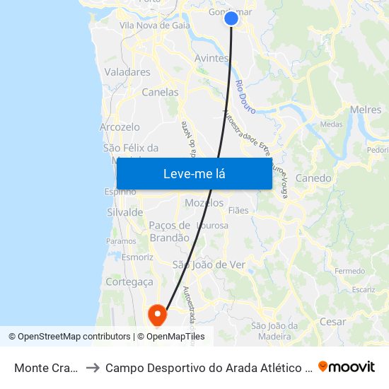 Monte Crasto to Campo Desportivo do Arada Atlético Clube map