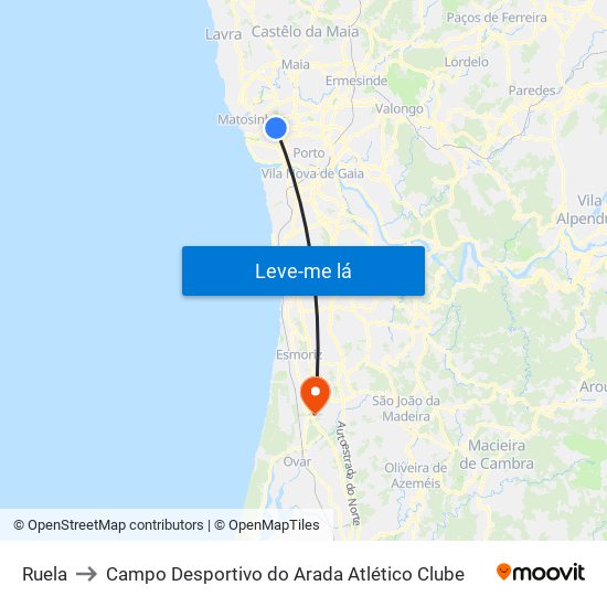 Ruela to Campo Desportivo do Arada Atlético Clube map
