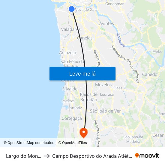 Largo do Montinho to Campo Desportivo do Arada Atlético Clube map