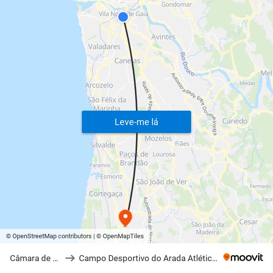 Câmara de Gaia to Campo Desportivo do Arada Atlético Clube map