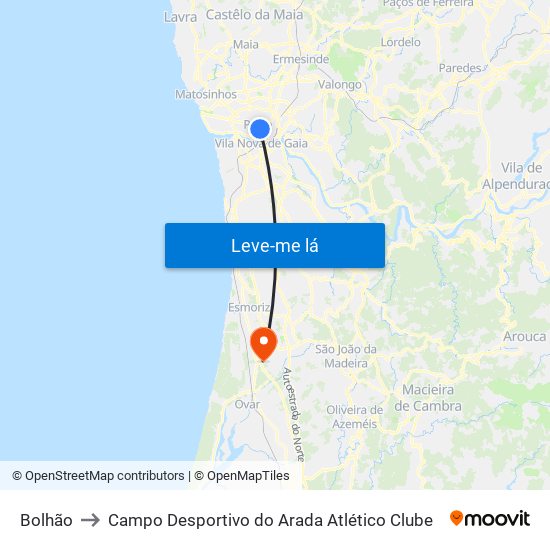 Bolhão to Campo Desportivo do Arada Atlético Clube map