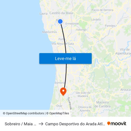 Sobreiro / Maia (Plaza) to Campo Desportivo do Arada Atlético Clube map