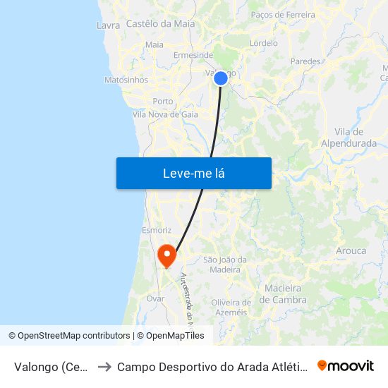 Valongo (Centro) to Campo Desportivo do Arada Atlético Clube map