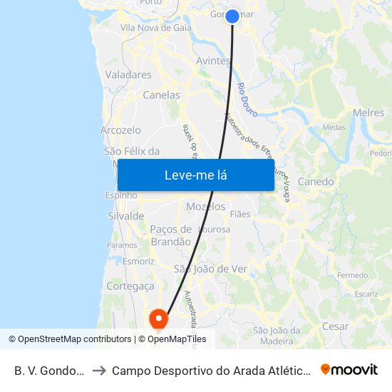 B. V. Gondomar to Campo Desportivo do Arada Atlético Clube map