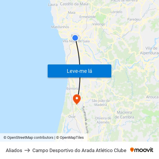 Aliados to Campo Desportivo do Arada Atlético Clube map