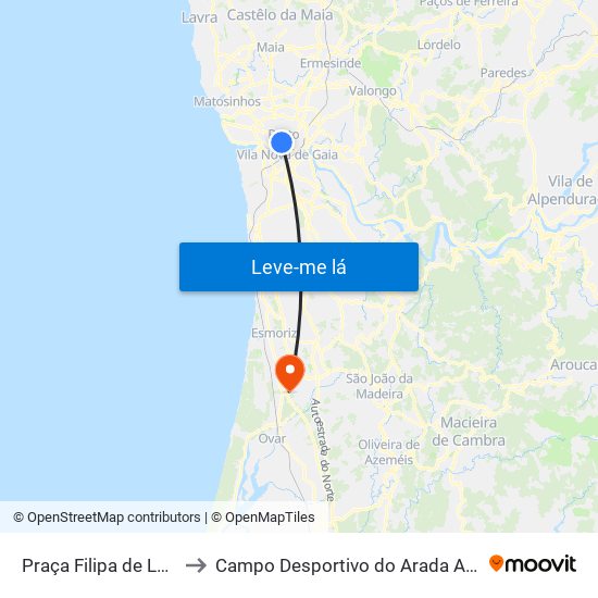 Praça Filipa de Lencastre to Campo Desportivo do Arada Atlético Clube map