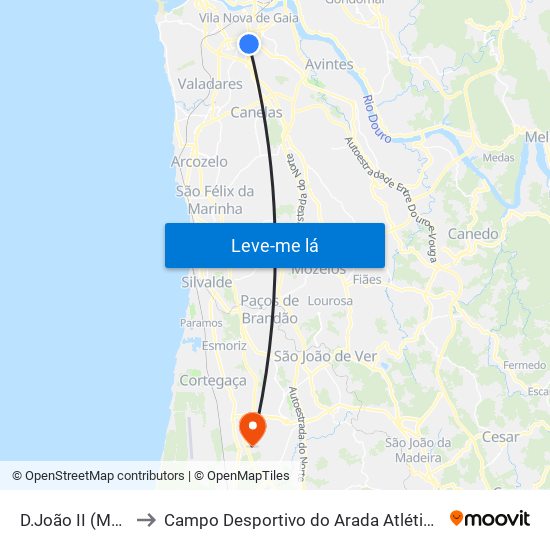 D.João II (Metro) to Campo Desportivo do Arada Atlético Clube map