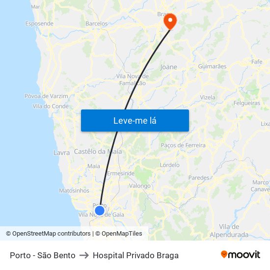 Porto - São Bento to Hospital Privado Braga map