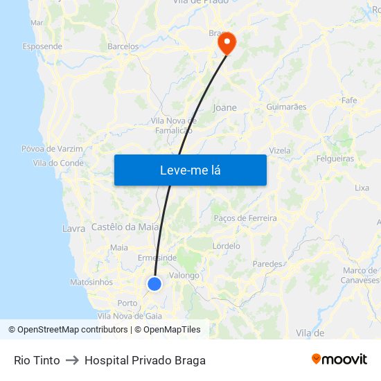 Rio Tinto to Hospital Privado Braga map