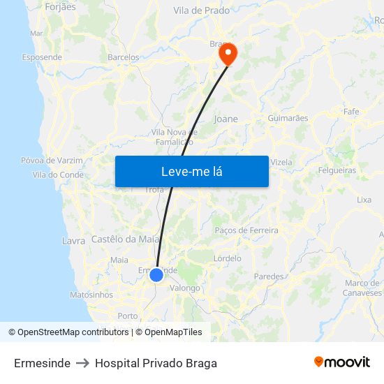 Ermesinde to Hospital Privado Braga map
