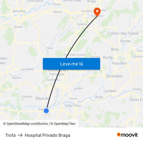 Trofa to Hospital Privado Braga map