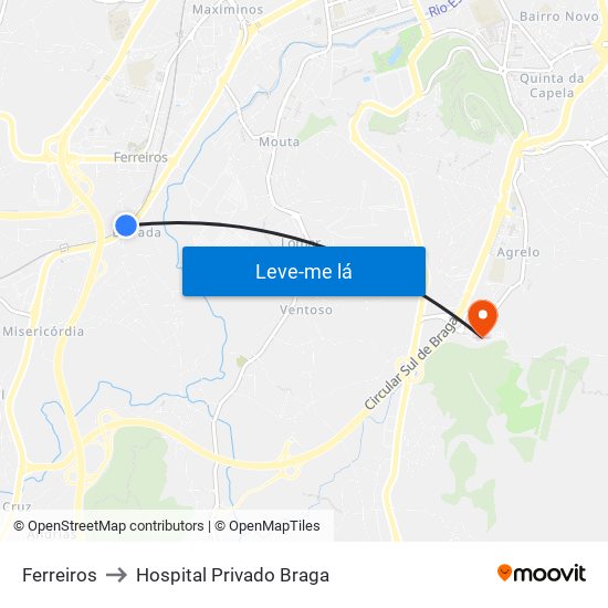 Ferreiros to Hospital Privado Braga map