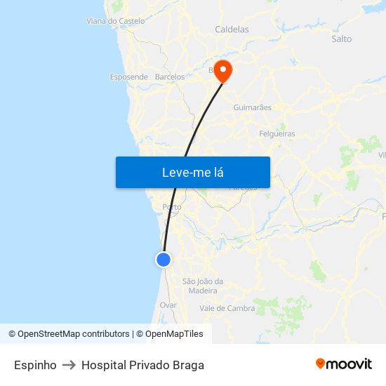 Espinho to Hospital Privado Braga map