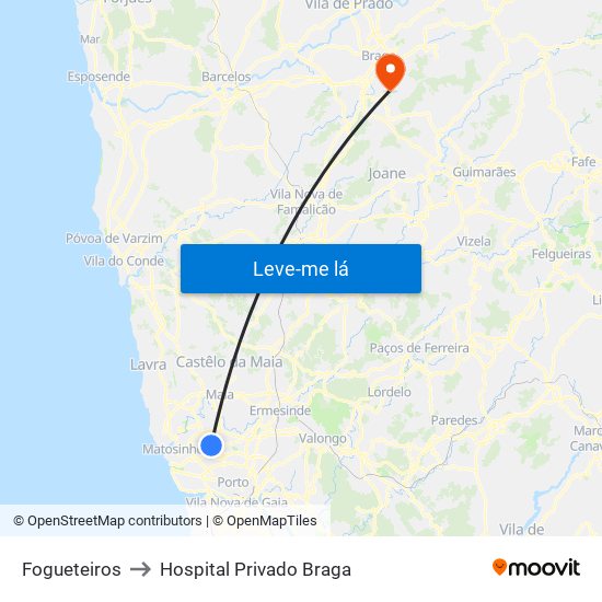 Fogueteiros to Hospital Privado Braga map