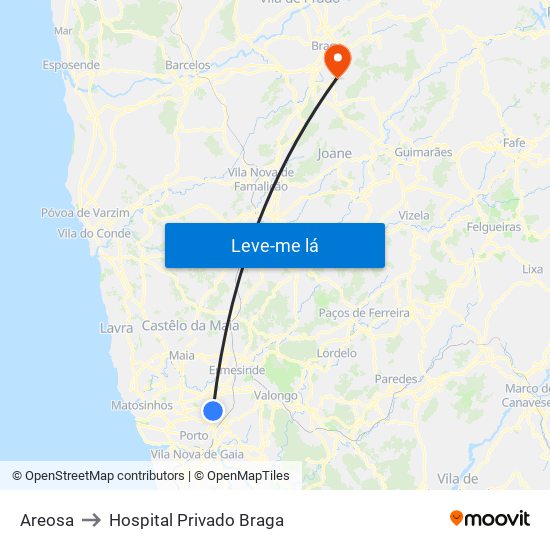 Areosa to Hospital Privado Braga map