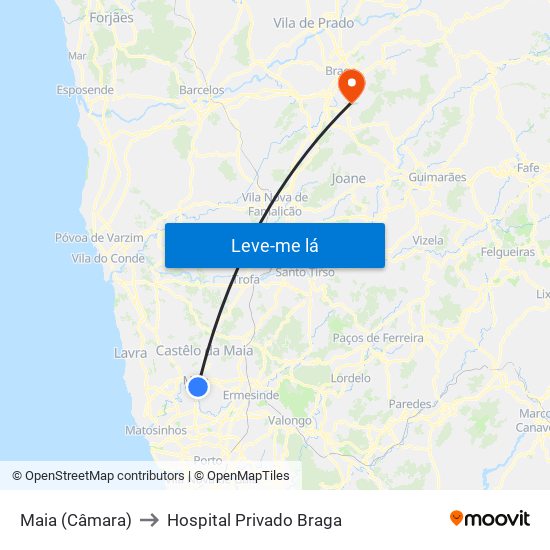 Maia (Câmara) to Hospital Privado Braga map