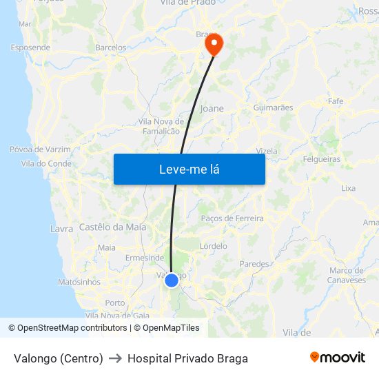 Valongo (Centro) to Hospital Privado Braga map