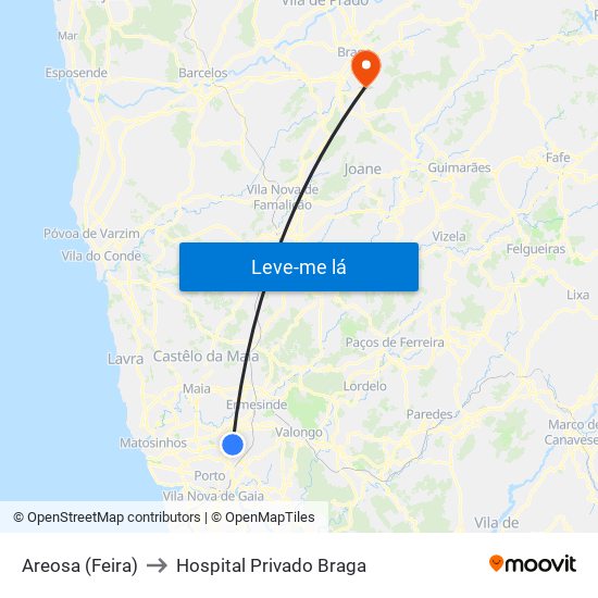 Areosa (Feira) to Hospital Privado Braga map