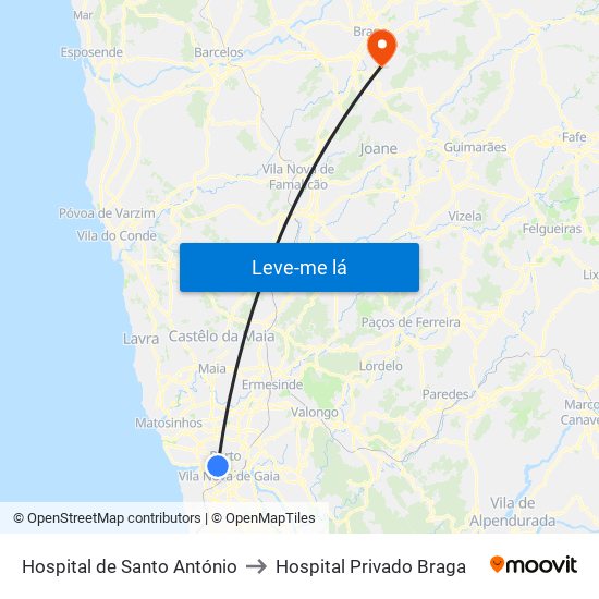 Hospital de Santo António to Hospital Privado Braga map