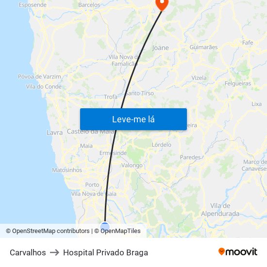 Carvalhos to Hospital Privado Braga map