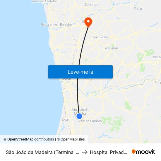 São João da Madeira (Terminal Rodoviário) to Hospital Privado Braga map