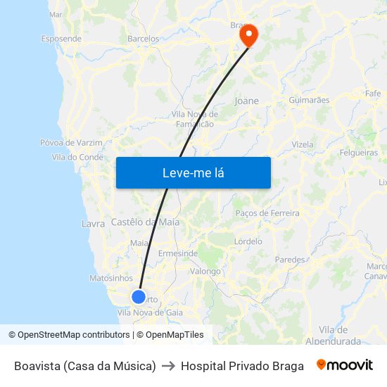 Boavista (Casa da Música) to Hospital Privado Braga map