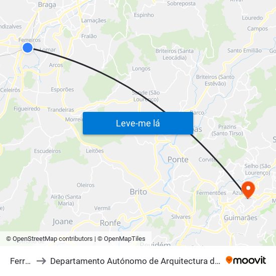 Ferreiros to Departamento Autónomo de Arquitectura da Universidade do Minho map