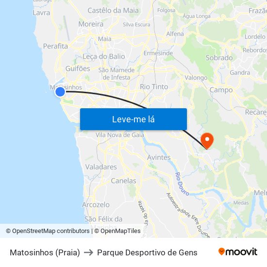 Matosinhos (Praia) to Parque Desportivo de Gens map