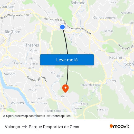 Valongo to Parque Desportivo de Gens map