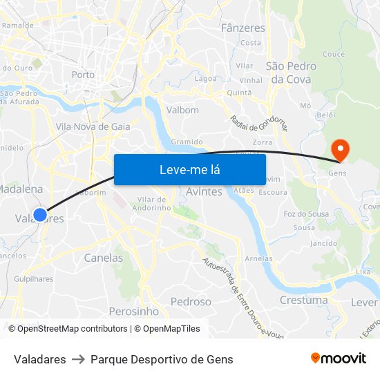 Valadares to Parque Desportivo de Gens map