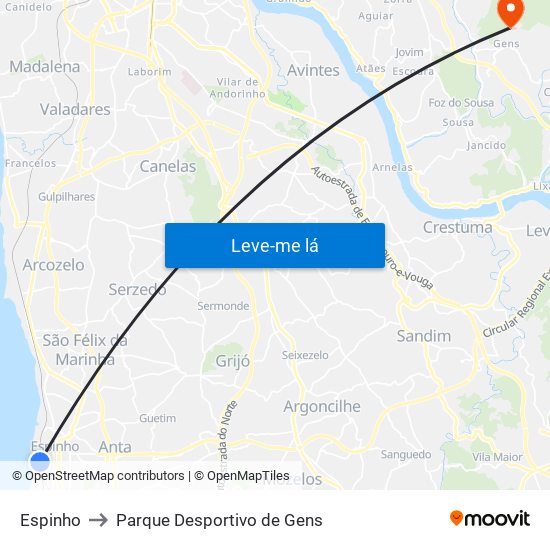 Espinho to Parque Desportivo de Gens map