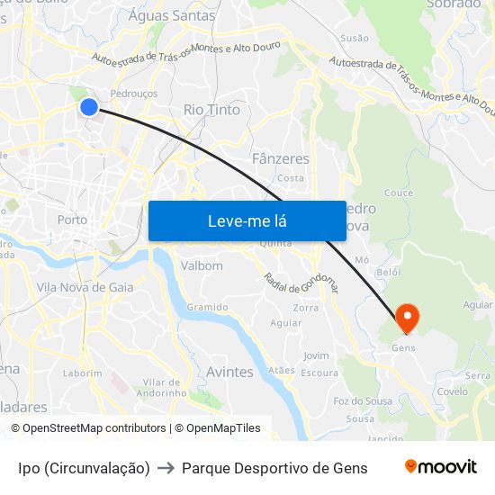 Ipo (Circunvalação) to Parque Desportivo de Gens map