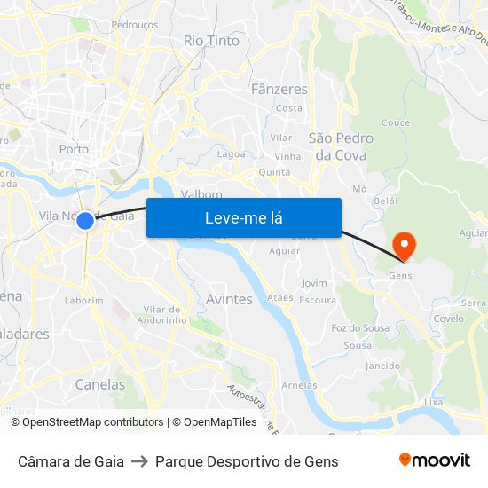 Câmara de Gaia to Parque Desportivo de Gens map